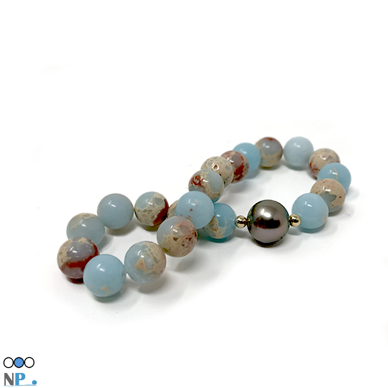 bracelet perle de tahiti 10 mm AAA avec Pierres semi precieuses : Sediments de la Mer bleue